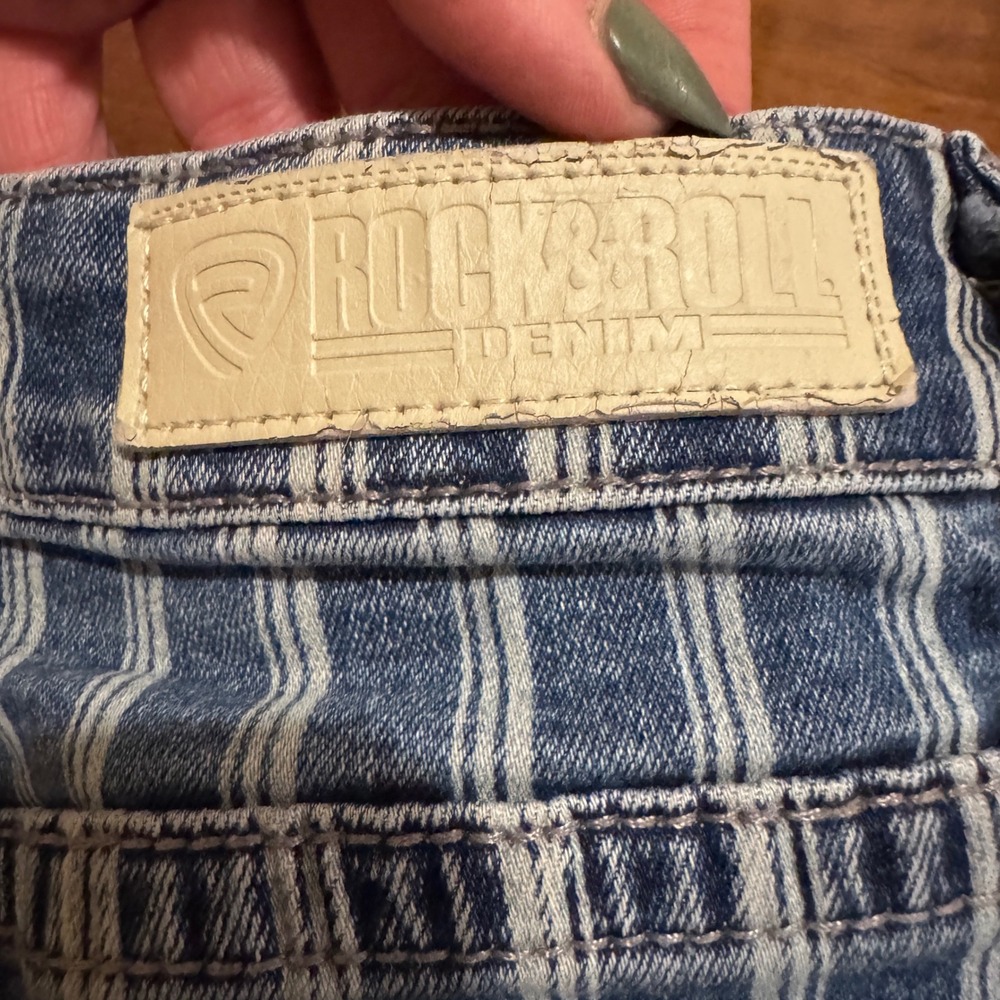 Rock & Roll Denim Pin Striped Flare Leg Raw Hem Denim Jeans 25x32 Western/Y2k - Picture 7 of 9